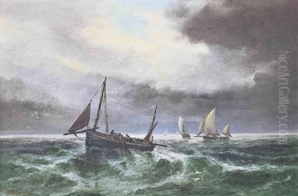 Fishermen Hauling In The Nets, Jersey (+ A Fishing Boat Reefed-down In A Squall; Pair) Oil Painting by Sarah Louise Kilpack