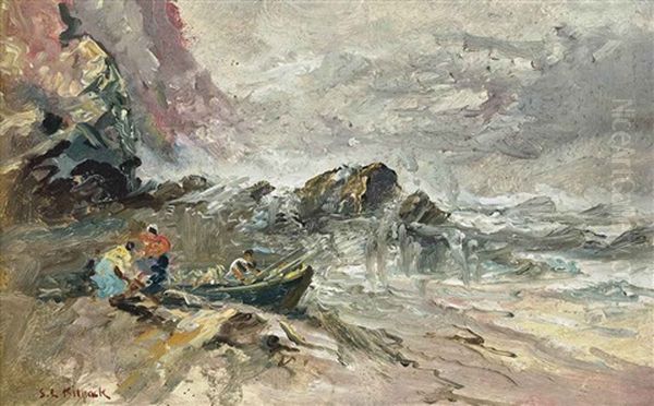 Fisherfolk Packing Up For The Day; And Fishing Boats Hauled Up On The Beach (3 Works) Oil Painting by Sarah Louise Kilpack