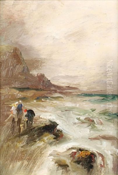 Coastal Landscape With Figures On The Shore Oil Painting by Sarah Louise Kilpack