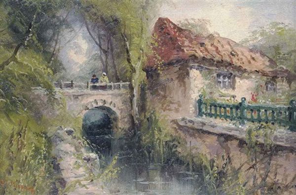 Feeding The Ducks (+ Cottage With Figures On A Bridge Over A Stream, Oil On Paper; 2 Works) Oil Painting by Sarah Louise Kilpack