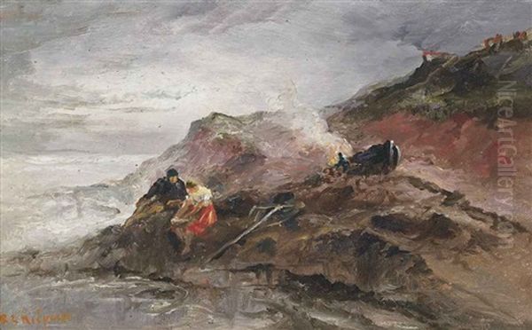 Shrimpers On The Rocks, Jersey (+ Stormy Seas, Jersey; 2 Works) Oil Painting by Sarah Louise Kilpack