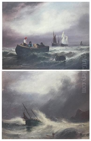 Fishing Boat In Rough Sea (+ Fishermen And Their Boats In A Calm; Pair) Oil Painting by Sarah Louise Kilpack