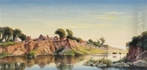 Cattle Watering On The River Bank By A Village Oil Painting by Sarah Louise Kilpack