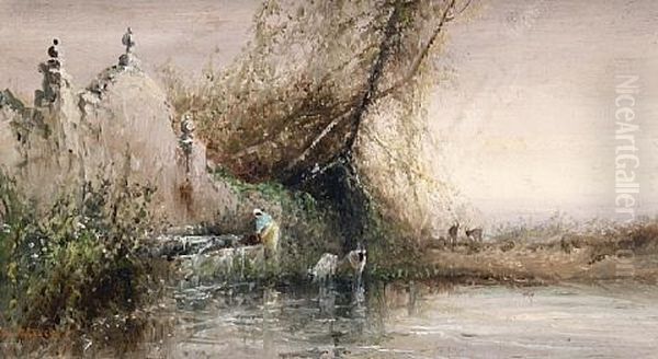 An Old Fountain At Houvalt, Near Boulogne (+ Figures Beside A Lake; Pair) Oil Painting by Sarah Louise Kilpack