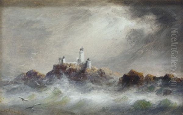 A Channel Island Lighthouse (la Corbiere?) Oil Painting by Sarah Louise Kilpack