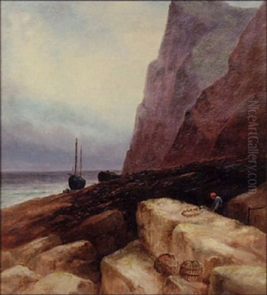 Fisherman Mending His Nets On Rocks With Boat In Background Oil Painting by Sarah Louise Kilpack