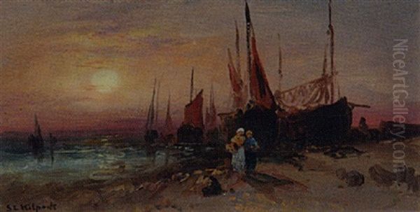 Fishing Boats At Sunset Oil Painting by Sarah Louise Kilpack