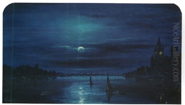 Moonlight Over The Thames At Westminster Oil Painting by Sarah Louise Kilpack