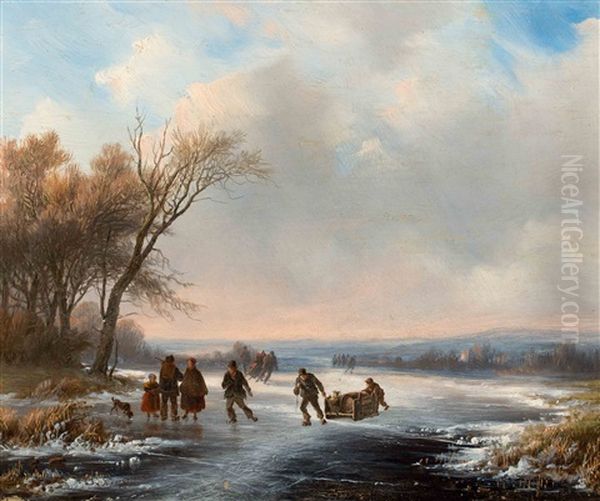 Strollers And Skaters On The Ice Oil Painting by Cornelis Kimmel