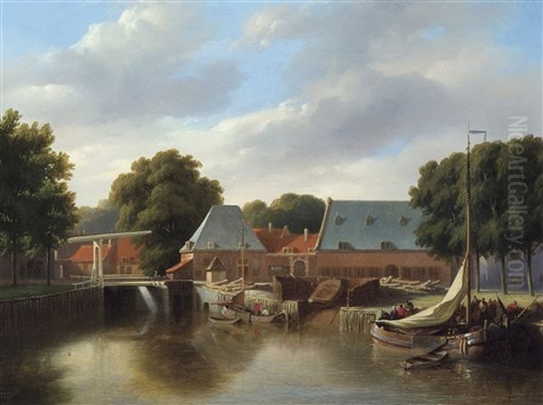 Barges Devant L'ecluse (1861) Oil Painting by Cornelis Kimmel