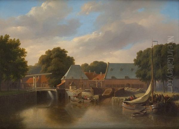 Barges Devant L'ecluse Oil Painting by Cornelis Kimmel