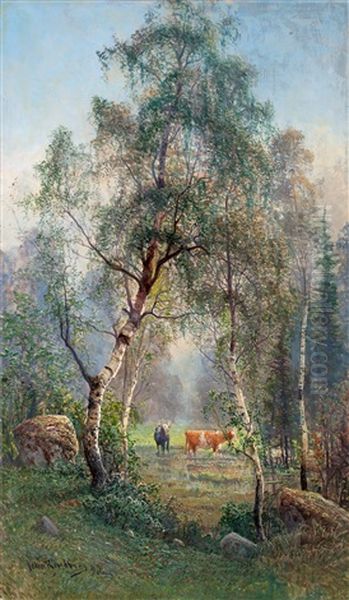 Sommarlandskap Med Kor Oil Painting by Johan Kindborg