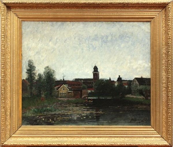 Swedish Village Oil Painting by Johan Kindborg