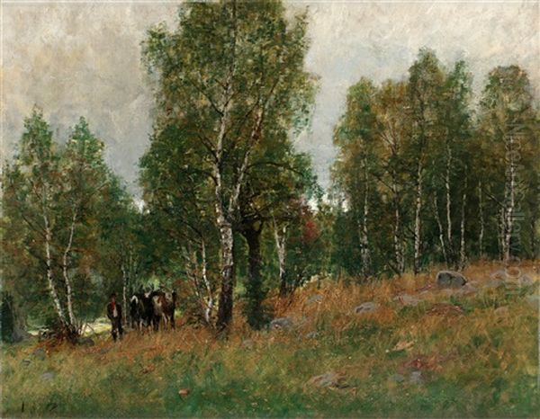 Skogslandskap Med Boskap Oil Painting by Johan Kindborg