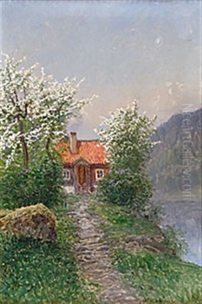 Stuga Vid Gronskande Trad Oil Painting by Johan Kindborg