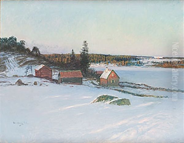 Vinterlandskap, Skymning Oil Painting by Johan Kindborg