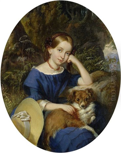 Portrat Eines Madchens Mit Kleinem Hund Oil Painting by Adolph Diedrich Kindermann