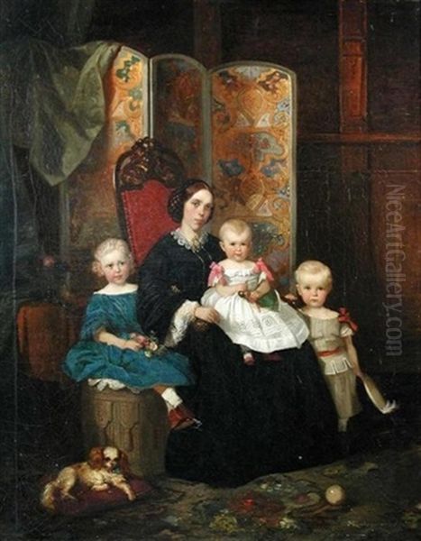 A Mother With Her Three Children And Their Spaniel By A Decorated Folding Screen In An Interior Oil Painting by Adolph Diedrich Kindermann