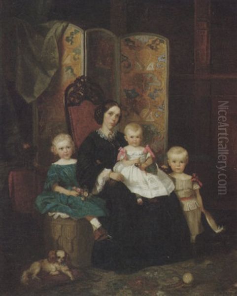 Mutter Mit Ihren Drei Kindern Vor Einem Paravent Oil Painting by Adolph Diedrich Kindermann