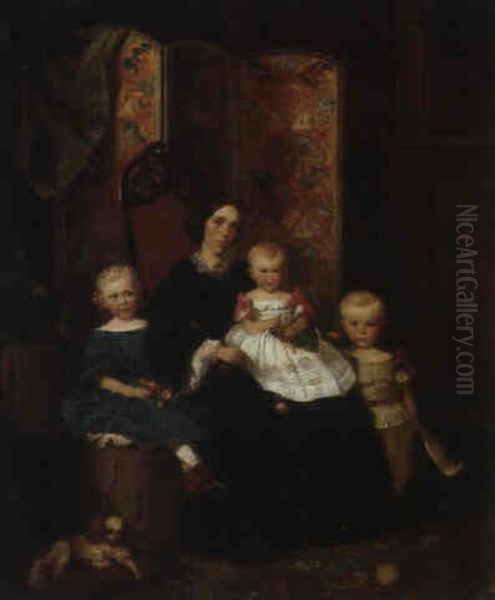 Sitzende Mutter Mit Ihren Kindern Oil Painting by Adolph Diedrich Kindermann