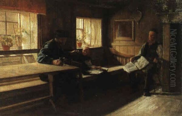 Interior Med Man Och Flicka Oil Painting by Adolph Diedrich Kindermann