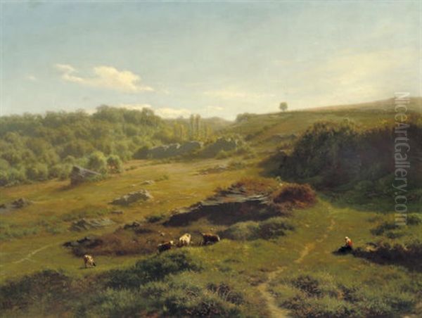 Cattle In An Extensive Summer Landscape Oil Painting by Jean Baptiste Kindermans