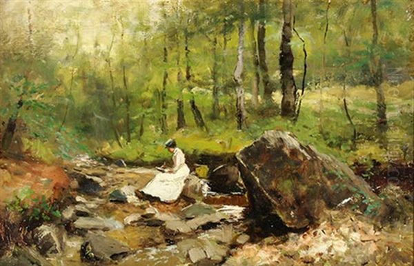 Woman Writing In Rock Creek Oil Painting by David Kindleberger