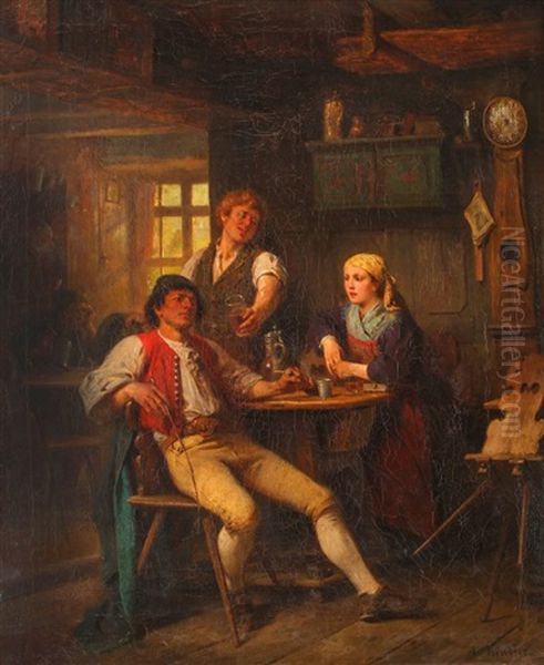 Tavern Interior Scene Oil Painting by Albert Kindler