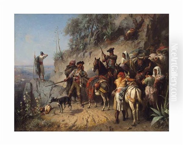 Spanish Smugglers In The Pyrenees Oil Painting by Albert Kindler