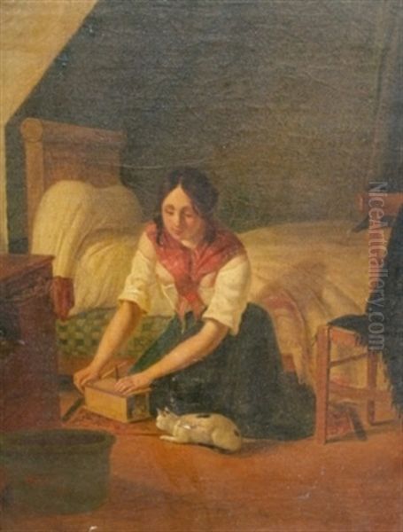 Girl With Cat (+ Girl On A Bed; 2 Works) Oil Painting by Albert Kindler