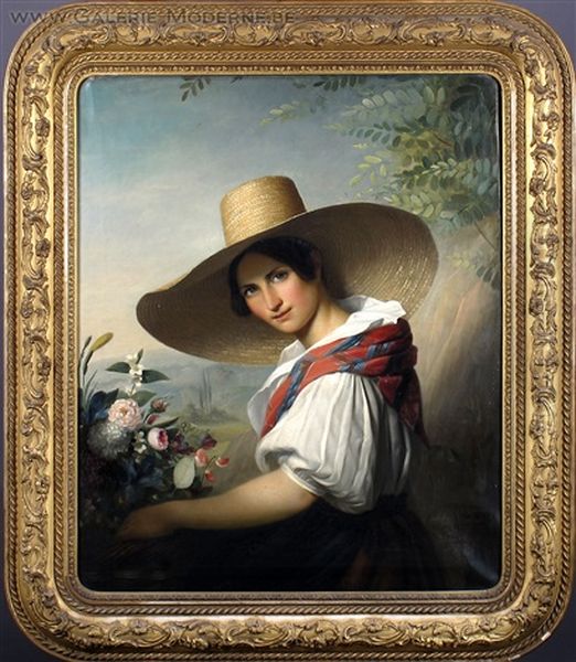 Jeune Femme Au Chapeau De Paille Oil Painting by Marie Adelaide (Adele) Kindt