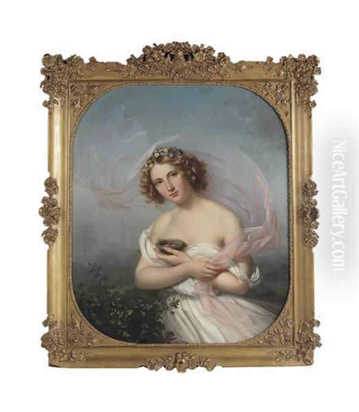 A Young Girl In A White Dress With A Pink Veil And Flowers In Her Hair, Holding A Bird's Nest With Two Eggs by Marie Adelaide (Adele) Kindt