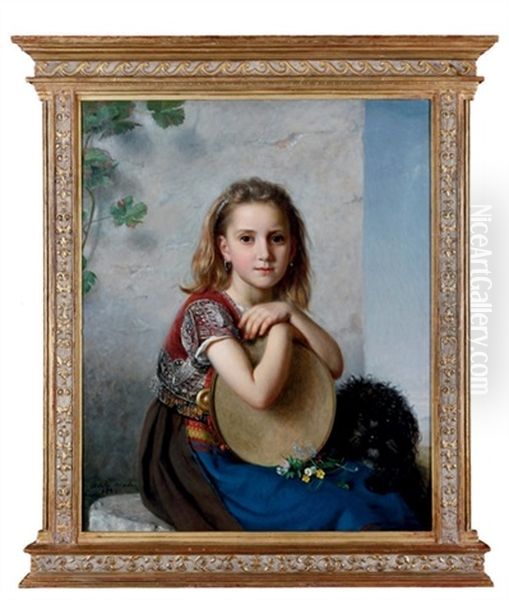 A Portrait Of A Young Girl And Her Dog Oil Painting by Marie Adelaide (Adele) Kindt