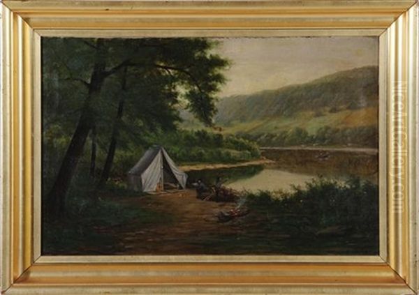 Fisherman Camping By Lake Oil Painting by Albert Francis King