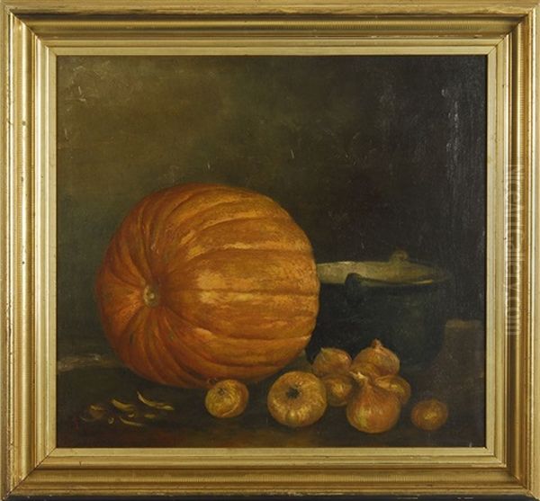 Still Life With Pumpkin, Onions And Cooking Pot Oil Painting by Albert Francis King