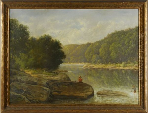 Two Young Fishermen By A Rocky River Oil Painting by Albert Francis King