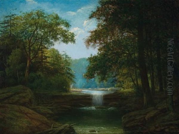 Waterfall In A Forest Interior Oil Painting by Albert Francis King