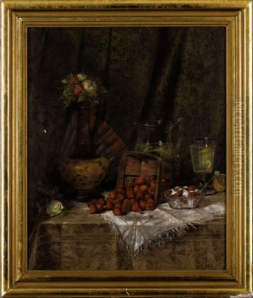 Still Life With Spilled Basket Of Strawberries Flanked By A Vase Of Flowers, Raspberries And Pitcher Of Water, With A Green Drape Backdrop Oil Painting by Albert Francis King