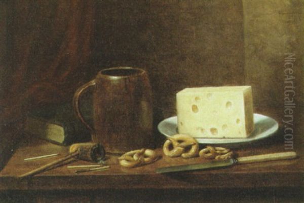 Pretzels, Cheese, Mug, And Pipe Oil Painting by Albert Francis King