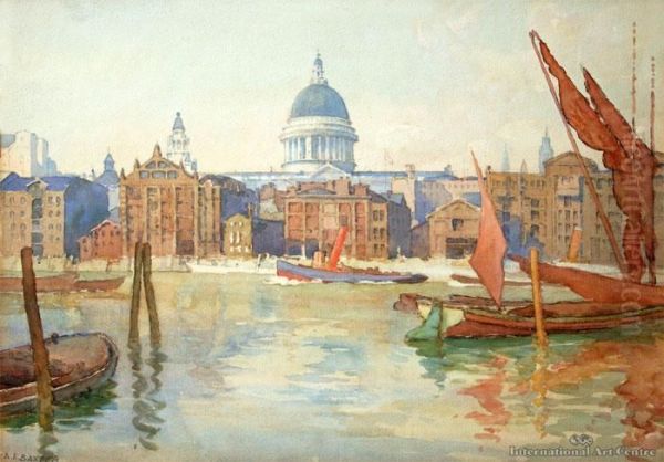 River Thames & St Pauls Cathedral Oil Painting by Alfred Ernest Baxter