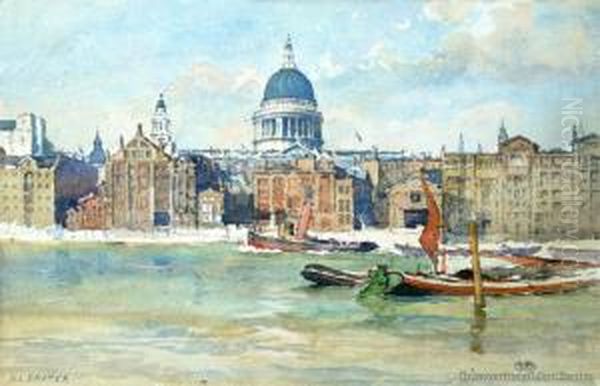 River Thames & St Pauls Cathedral, London Oil Painting by Alfred Ernest Baxter