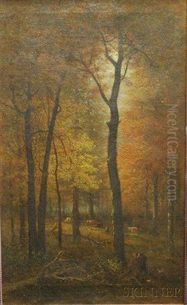 Autumn Woods With Cows Oil Painting by George W. King