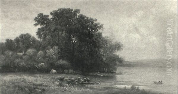 Cows At River Edge With Boatsman by George W. King