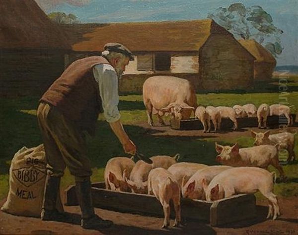 Feeding The Pigs With Bibby Pig Meal Oil Painting by Gunning King