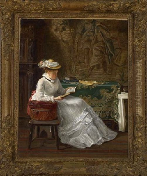 Young Lady Seated In An Interior Reading A Book Oil Painting by Haynes King