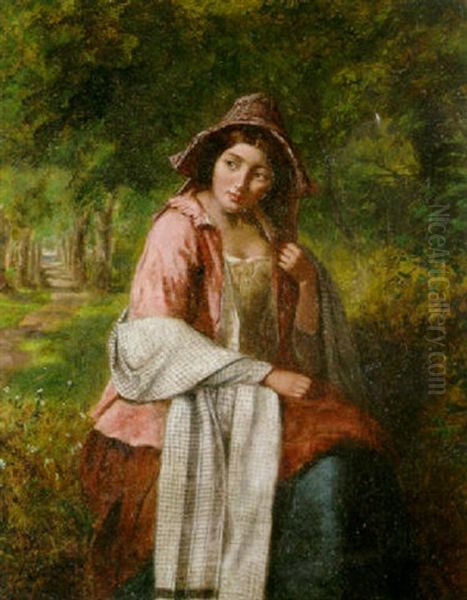 A Lady With A Pink Cloak And Bonnet In A Forest Oil Painting by Haynes King