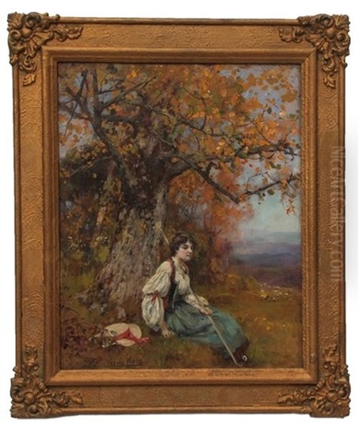 Shepherdess Resting Under A Tree Oil Painting by Henry John Yeend King