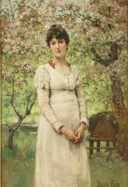 A Young Lady Amongst Apple Blossom Oil Painting by Henry John Yeend King