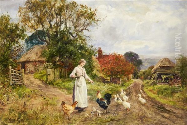 A Woman Feeding The Poultry Oil Painting by Henry John Yeend King