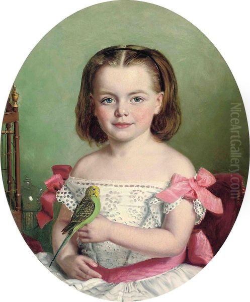 Portrait Of Mary Ann Maitland-wilson Of Greystone Towers, Three Quarter Length, In A White Dress With Red Ribbons, Holding Her Budgerigar Oil Painting by Charles Baxter